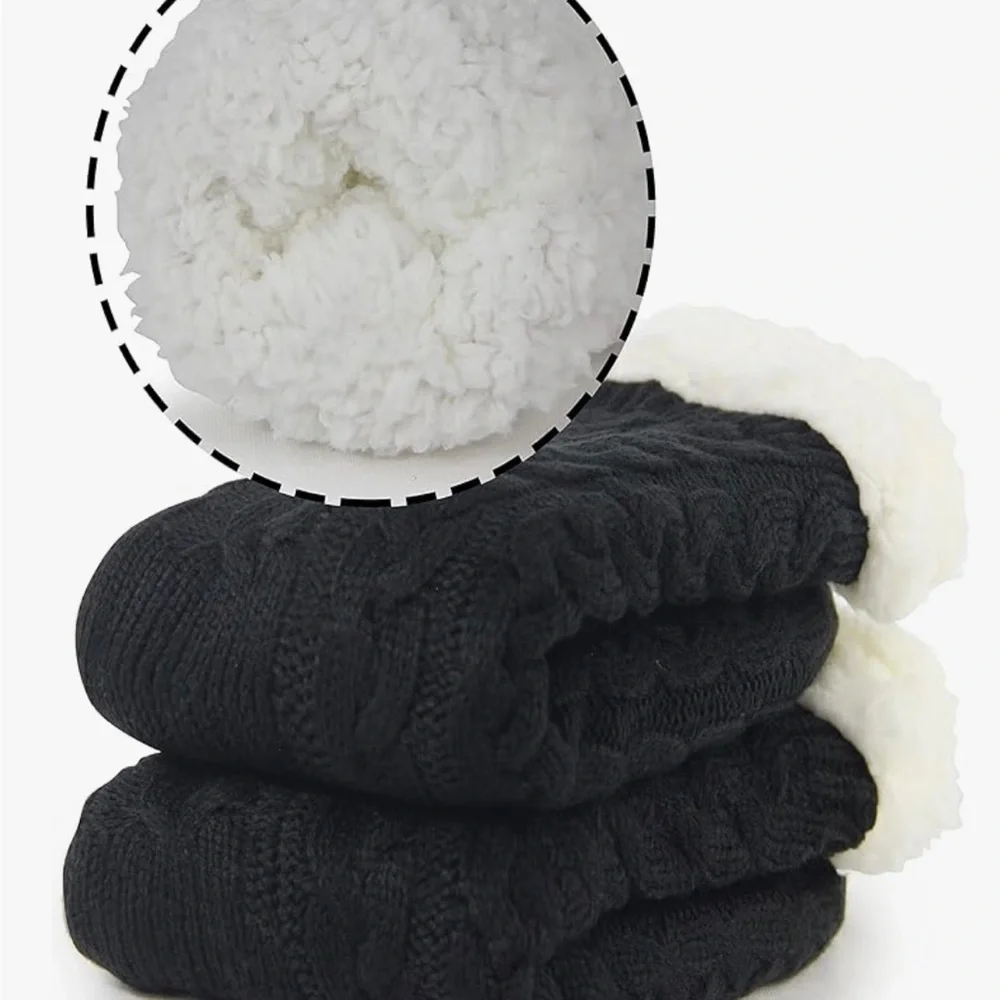 Cozy Black Knit Socks with White Fleece Lining Non Slip